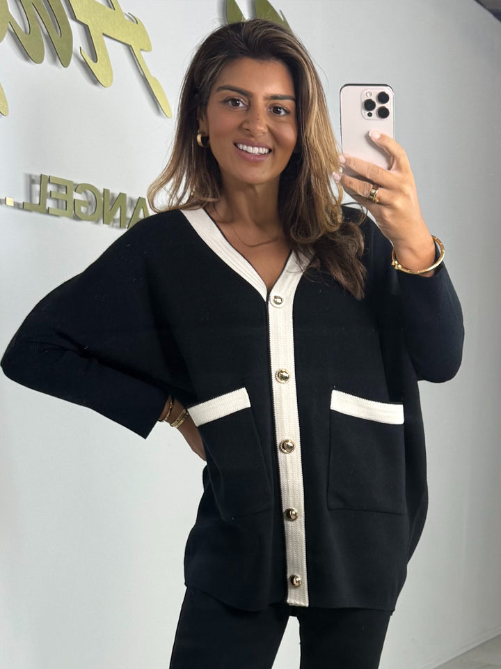Gold Button V-Neck Black Trim Oversize Longline Cardigan (2 Colours)