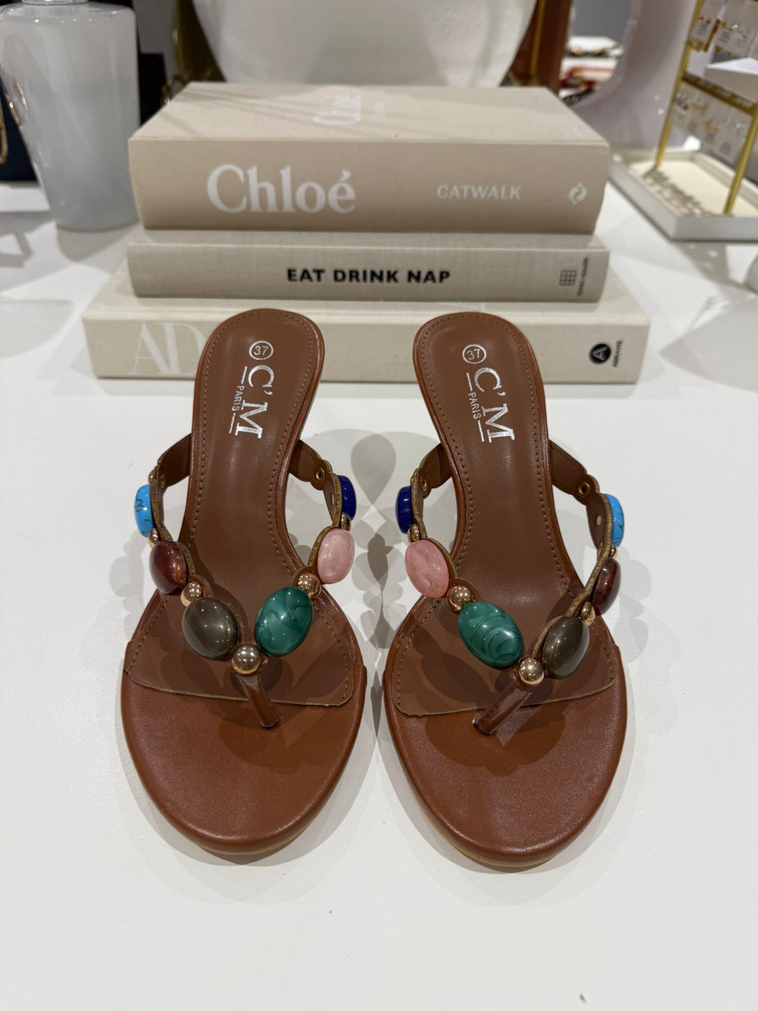 Jewelled Toe Thong Mule Kitten Heel (2 Colours)