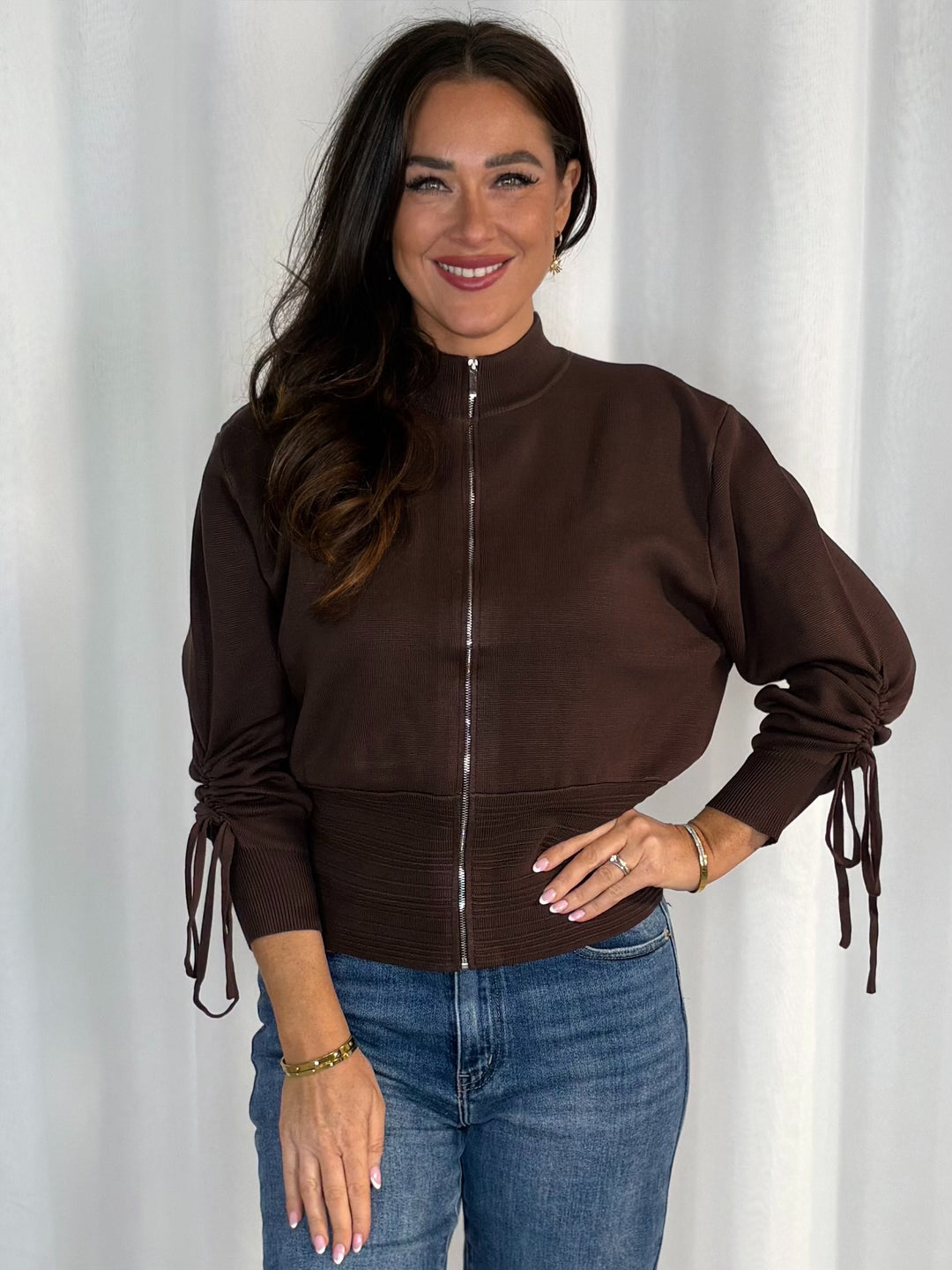 Full Zip Long Sleeve Cinched In Waist Cardigan (4 Colours)