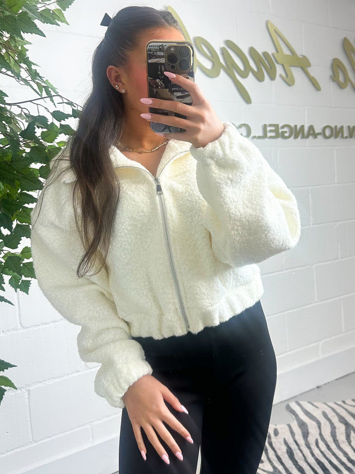 Cream Hooded Zip Up Bomber