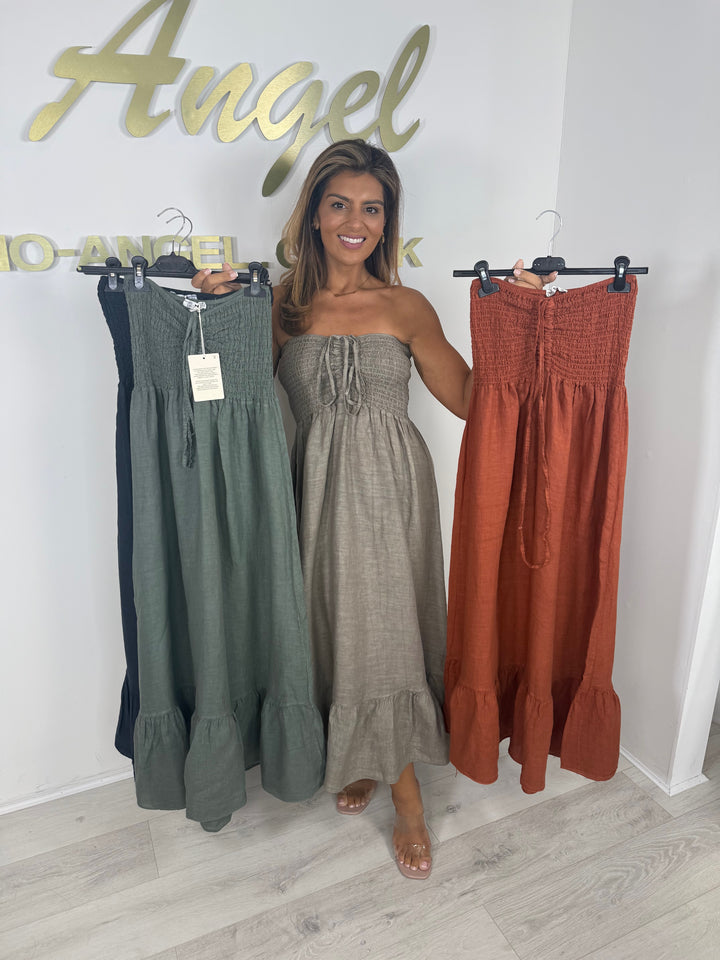 Linen Smocked Bardot Maxi Dress (7 Colours)