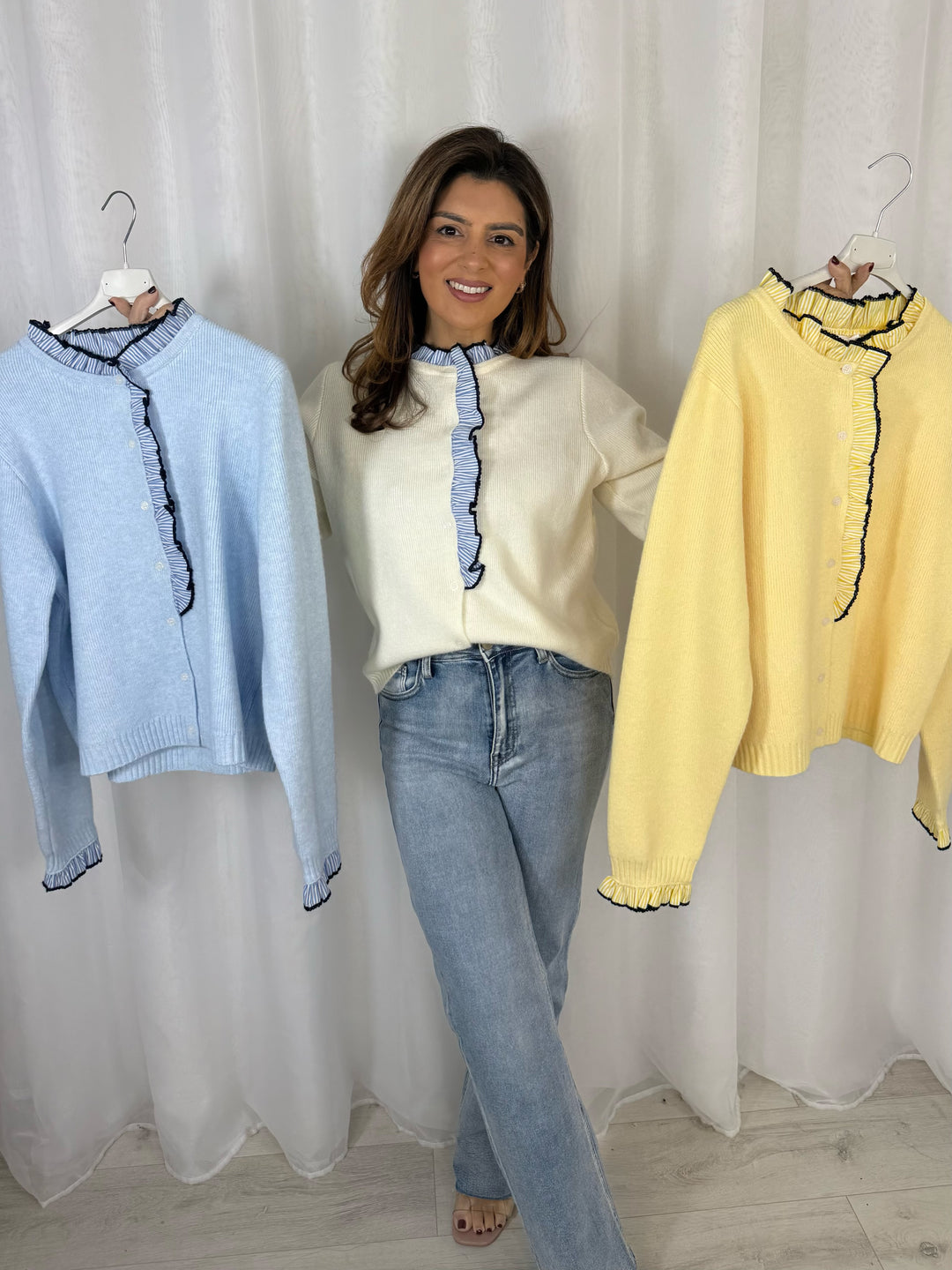 Pinstripe Black Trim Frill Cardigan (3 Colours)