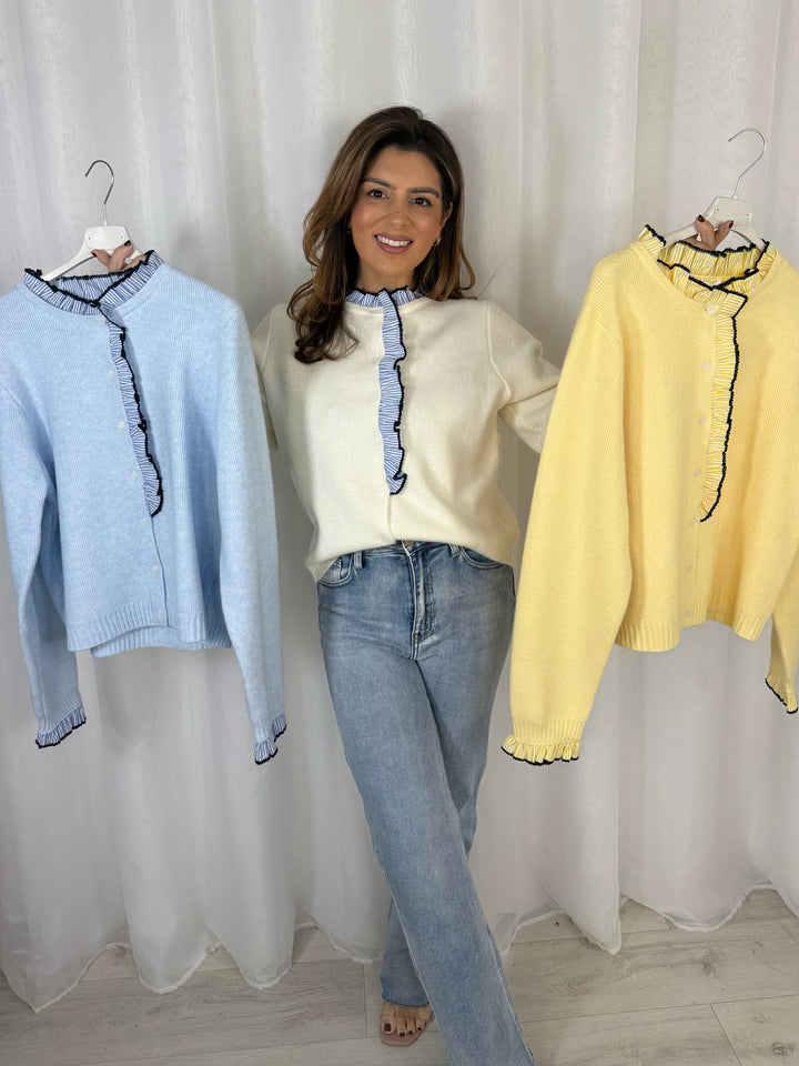 Pinstripe Black Trim Frill Cardigan (3 Colours)