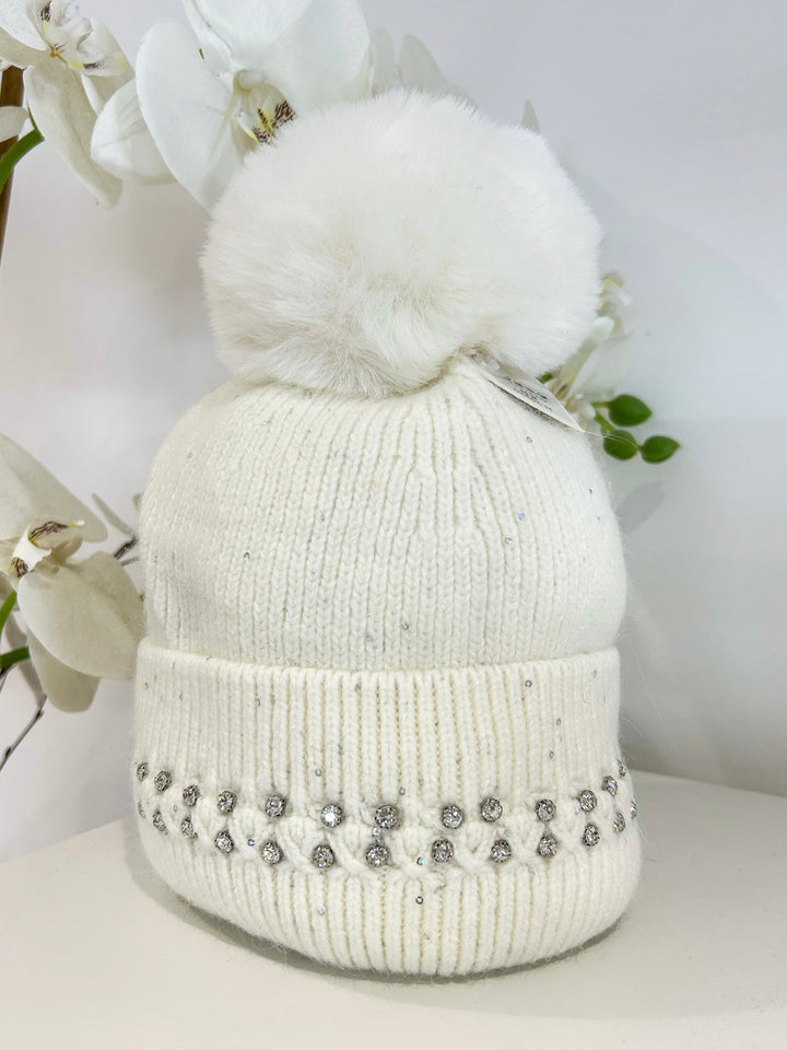 Knit Diamante Sequin Detail Bobble Hat (3 Colours)