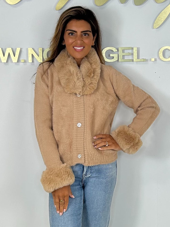 Faux Fur Collar & Sleeve Soft Diamante Button Cardigan (2 Colours)