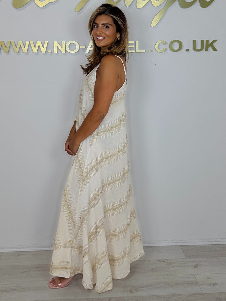 Linen Mix Gold Fleck Spaghetti Strap Handkerchief  Maxi Dress  (2 Colours)