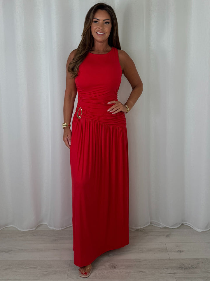Round Neck Ruched Gold Buckle Side Split Maxi Dress (6 Colours)
