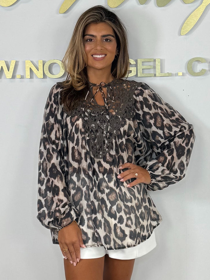Leopard Balloon Sleeve Crochet Detail Oversize Blouse