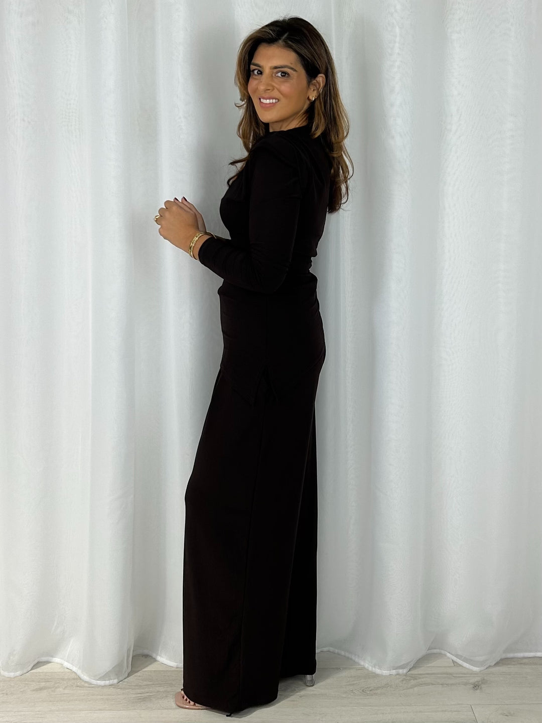 Shoulder Pad Long Sleeve Ruched Gold Hardware Trouser Co-Ord (4 Colours)