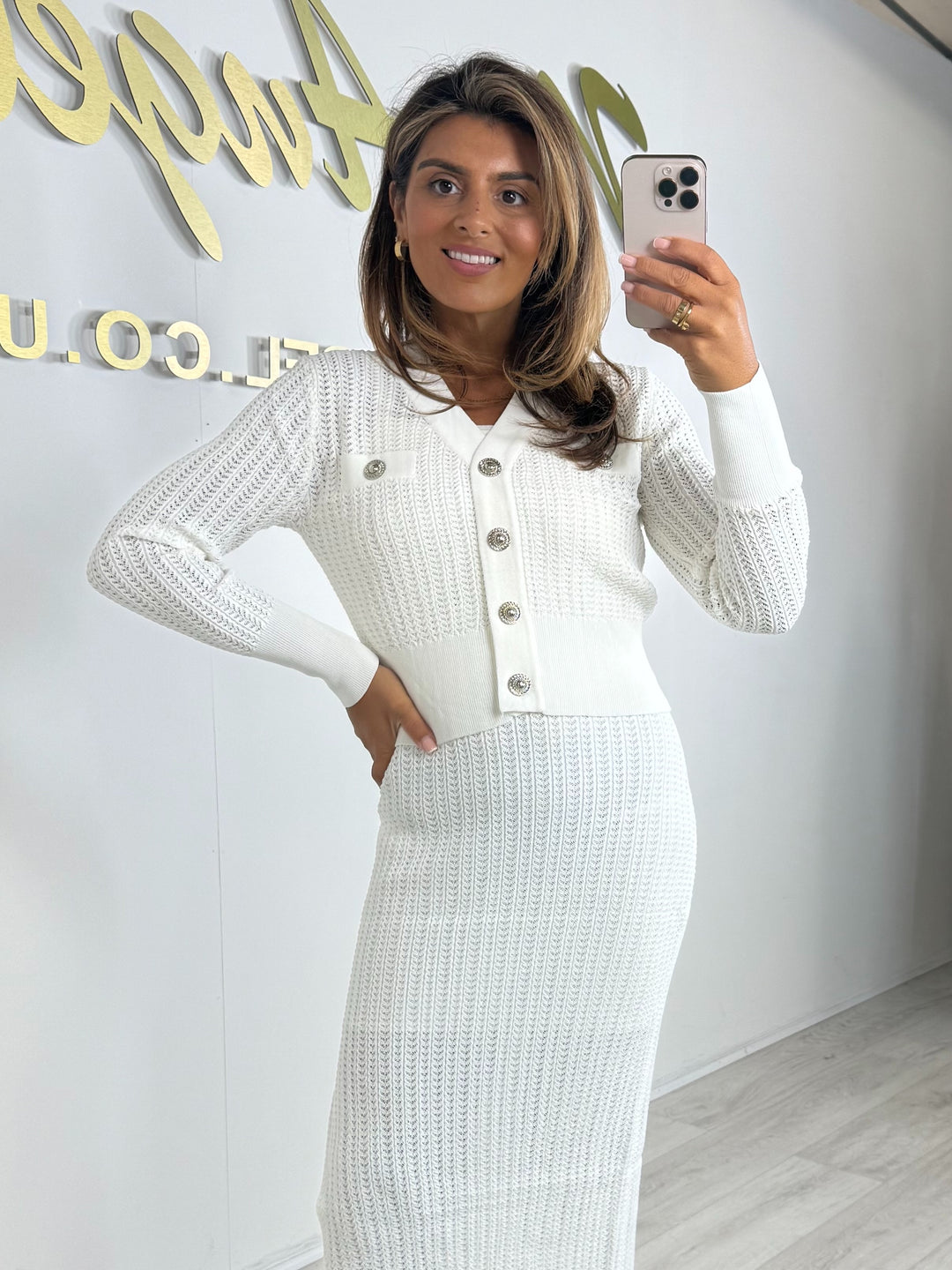 White Crochet Spaghetti Strap Dress & V-Neck Silver Hardware Cardigan
