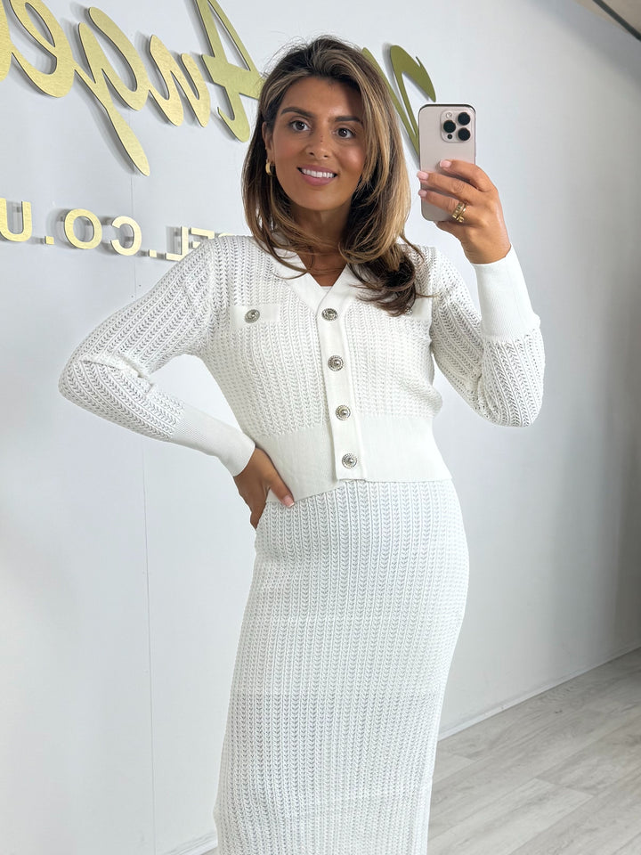 White Crochet Spaghetti Strap Dress & V-Neck Silver Hardware Cardigan
