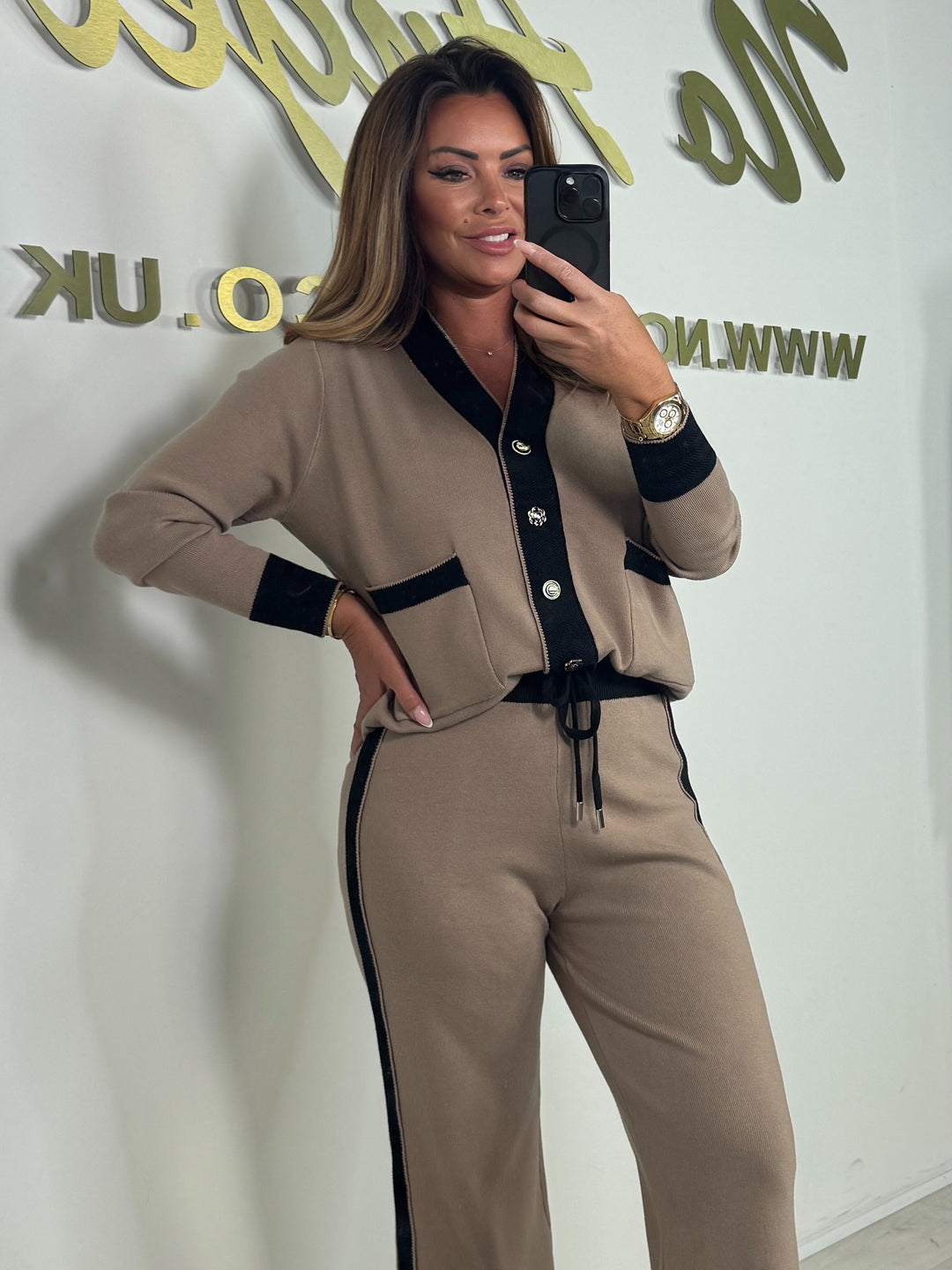 V-Neck Trim Gold & White Button Detailed Trouser Co-Ord (7 Colours)