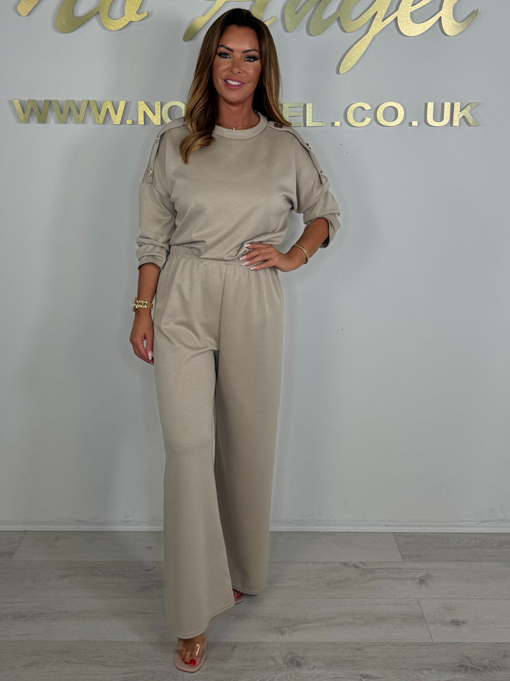 Round Neck Over Size Gold Button Straight Leg Trouser Co-ord (4 Colours)