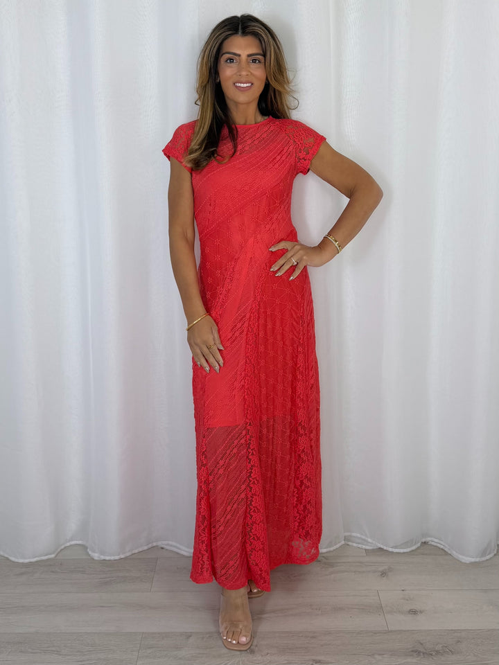 Coral Floral Lace Maxi Dress