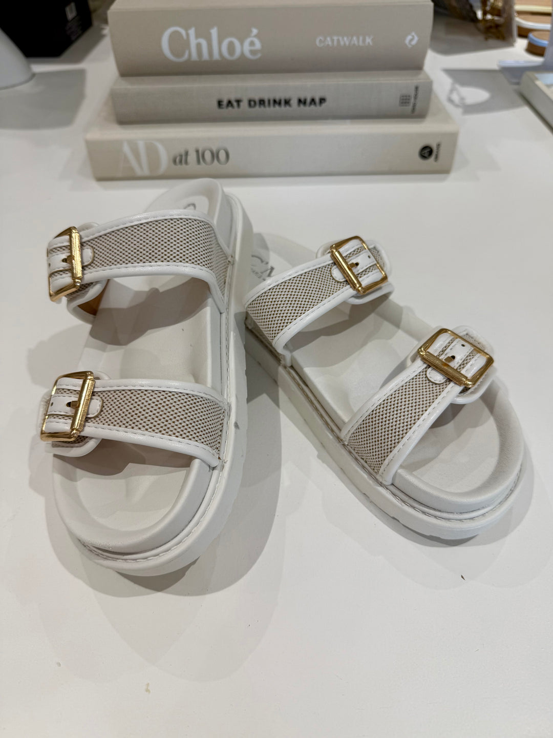 Double Buckle Contrast Woven Sandals (3 Colours)