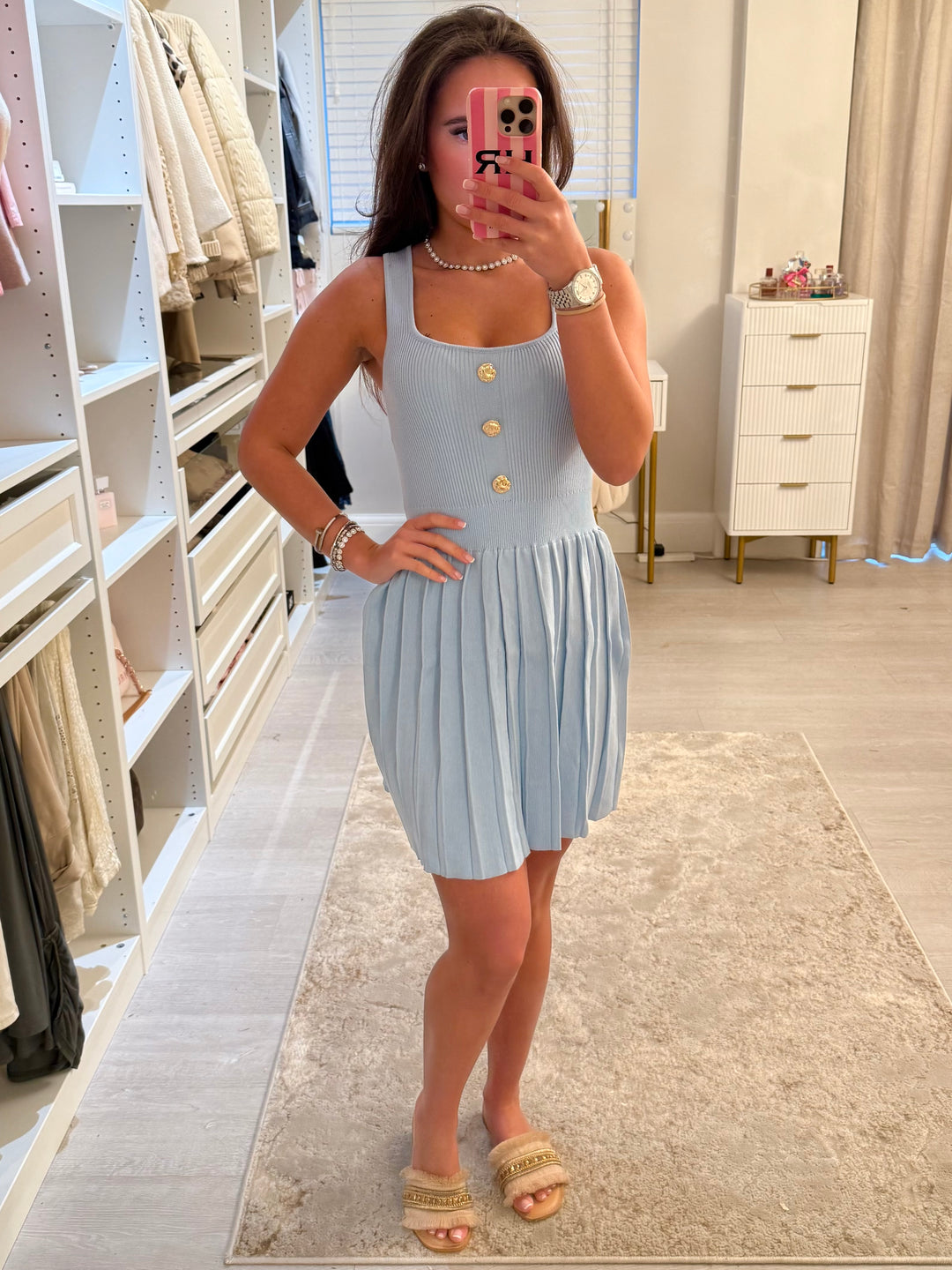 Gold Button Pleated Dress (5 Colours)