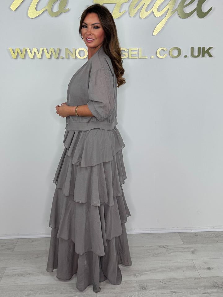 Bandeau Smocked Top Layered Ruffle Dress With Cardigan (2 Colours)