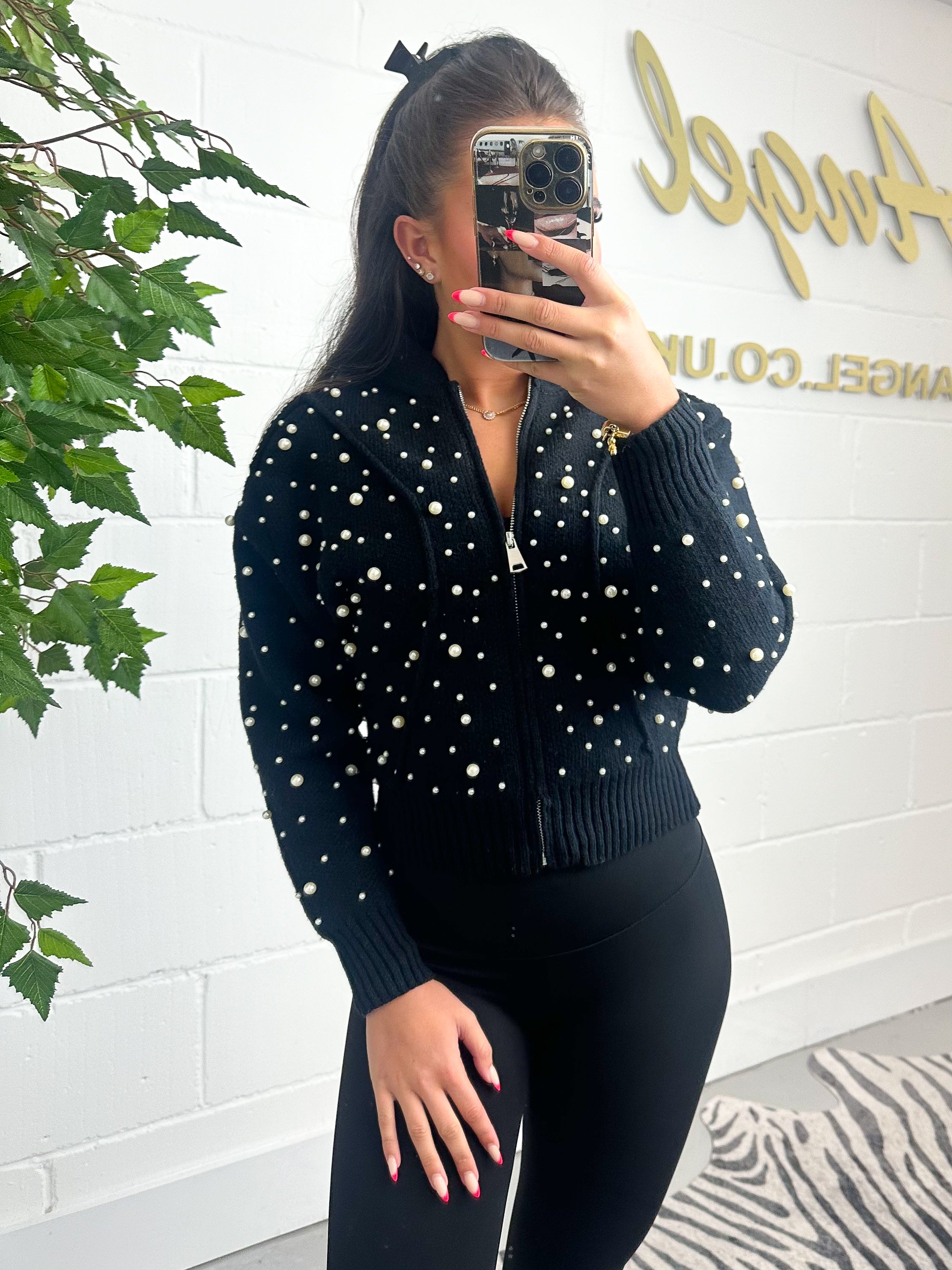 Zip Up Round Neck Pearl Cardigan 3 colours