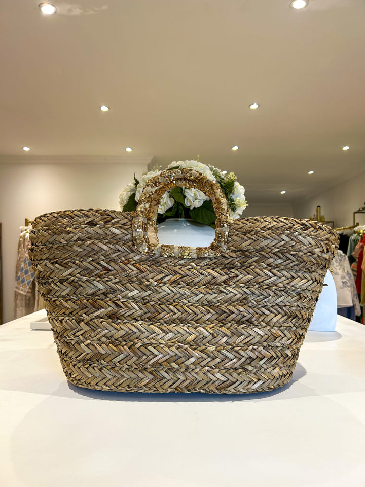 Shell Detail Shimmer Lace Woven Beach Bag (2 Colours)