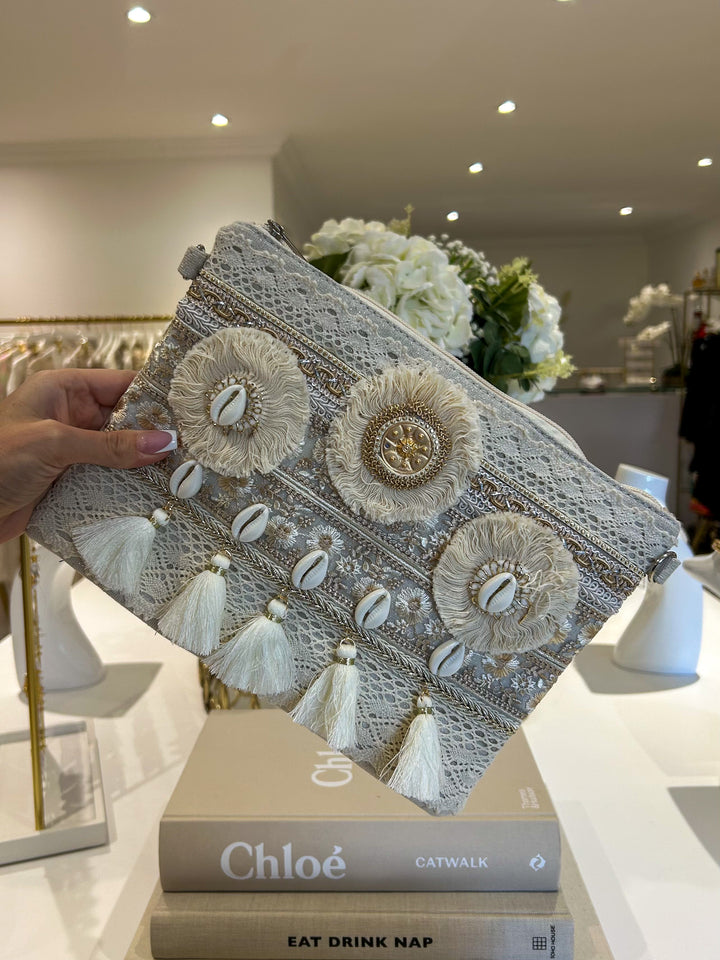Beige Tassel Shell Detail Clutch Bag