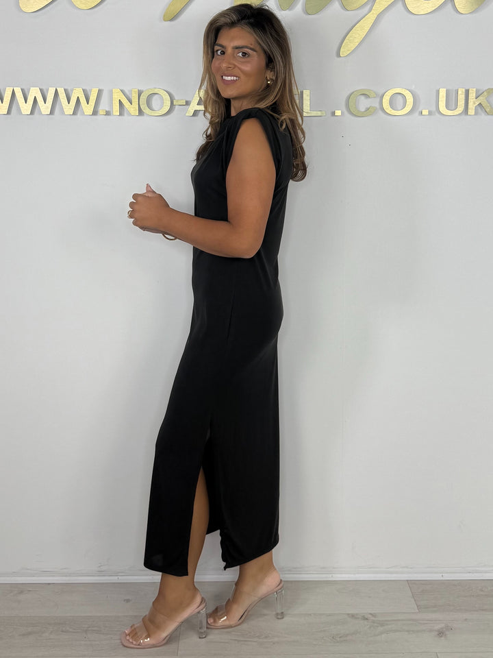 Round Neck Shoulder Pad Side Split Midi Dress (6 Colours)