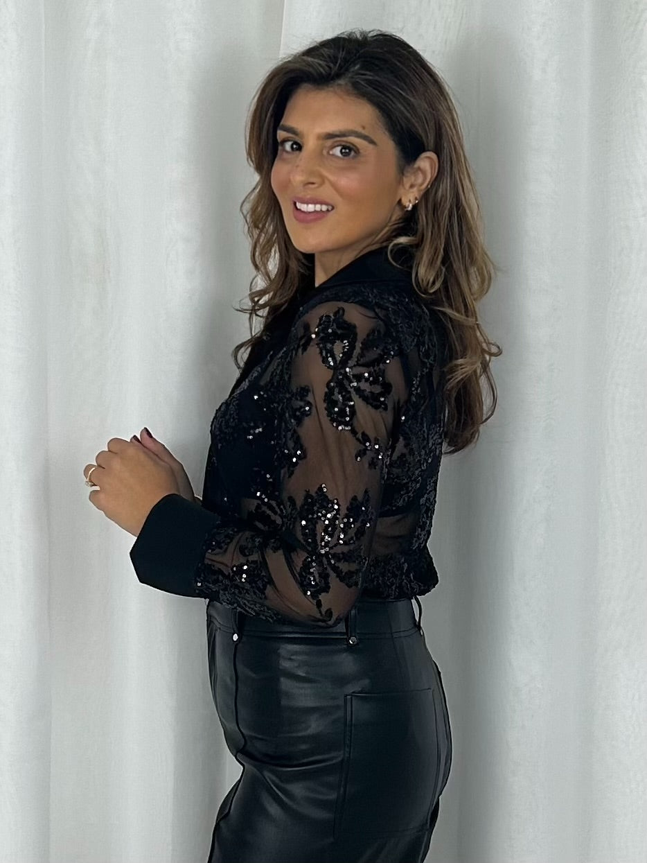 Collared Flower Sequin Detail Sheer Shirt (3 Colours)