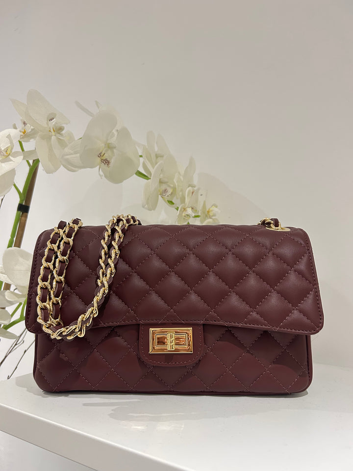 Large Genuine Leather Quilted Turn Lock Chain Handle Handbag (2 Colours)