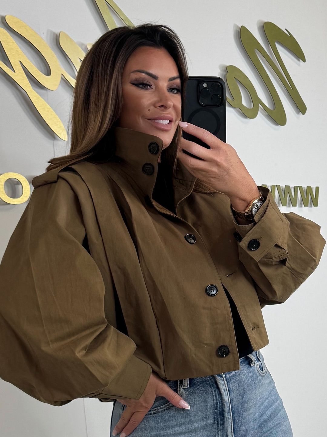Olive Funnel Neck Cropped Puff Hem Trench Coat