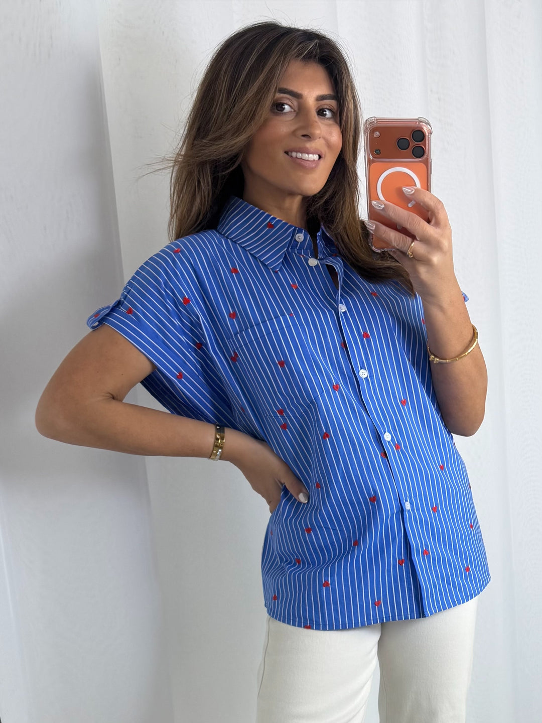 Blue Pinstripe Red Heart Embroidered Detail Shirt