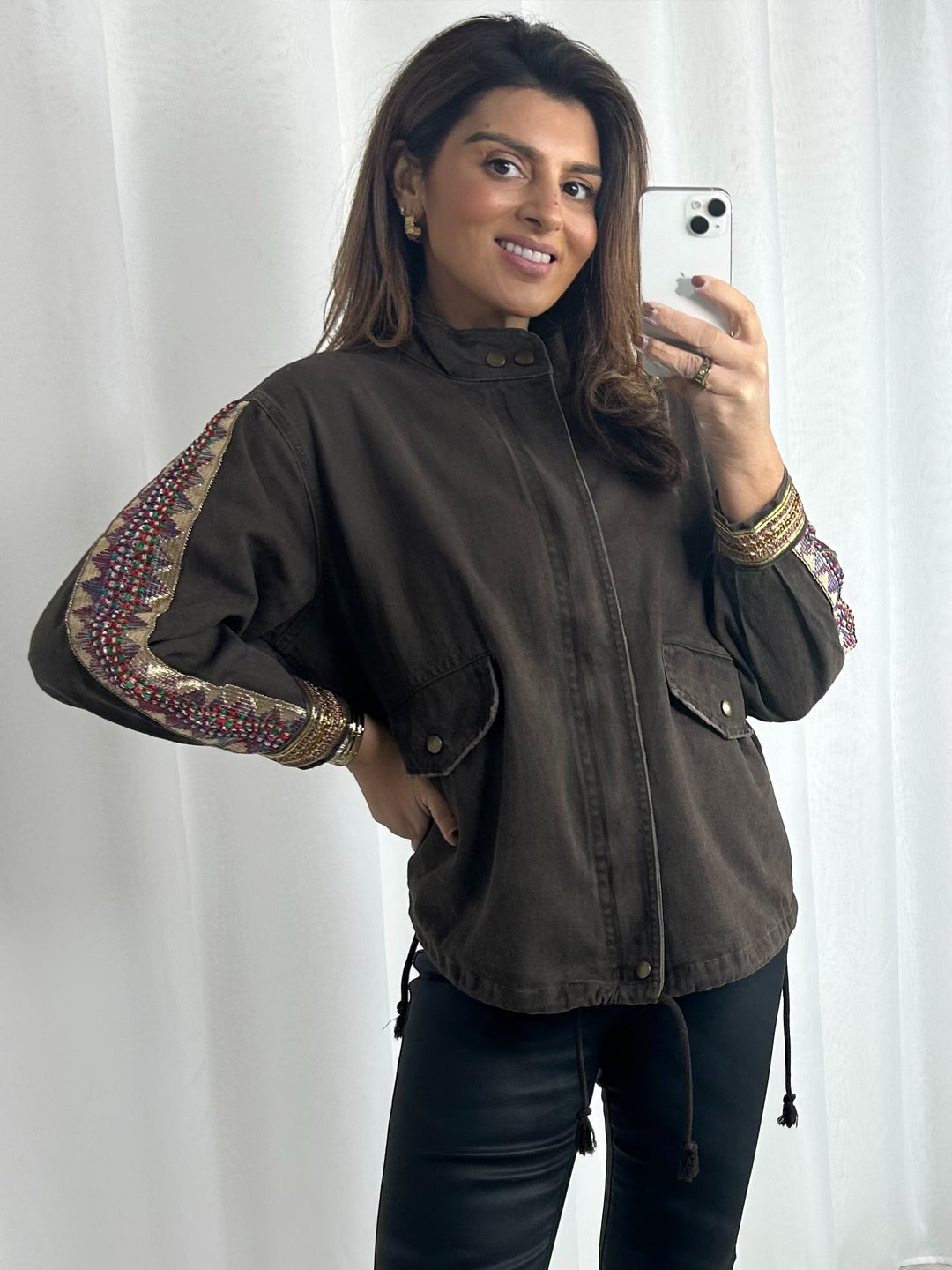 Oversize Aztec Detail Drawstring Bomber Jacket