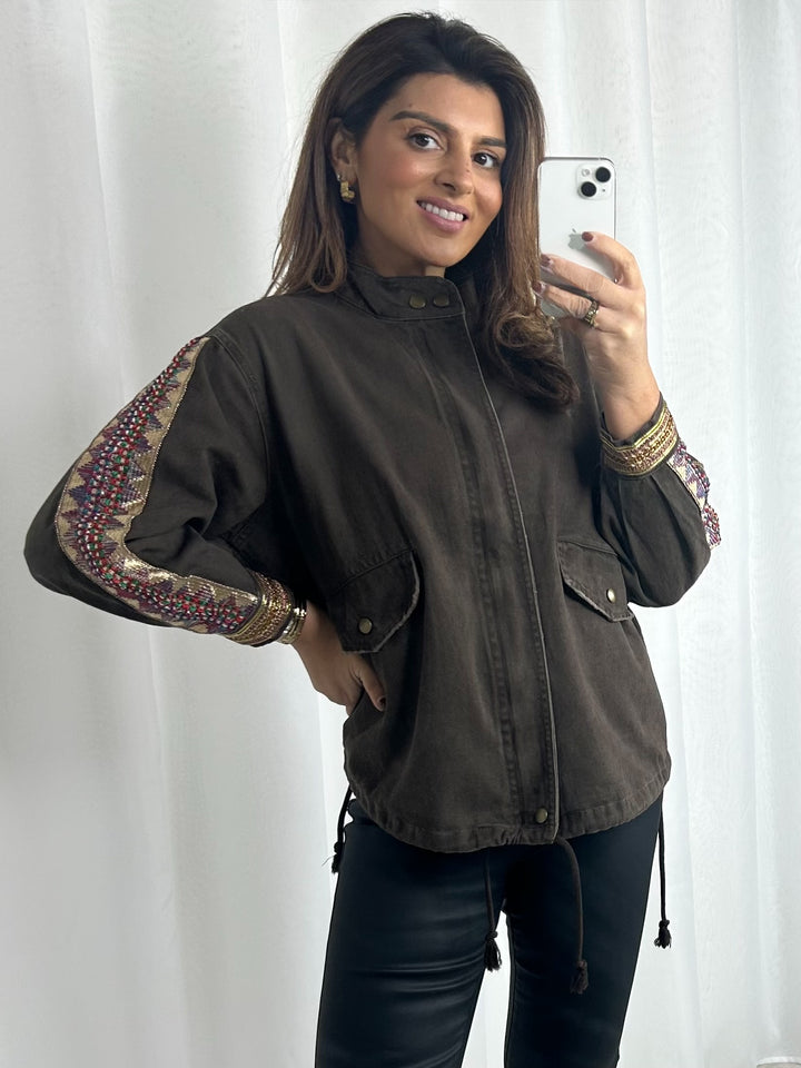 Oversize Aztec Detail Drawstring Bomber Jacket