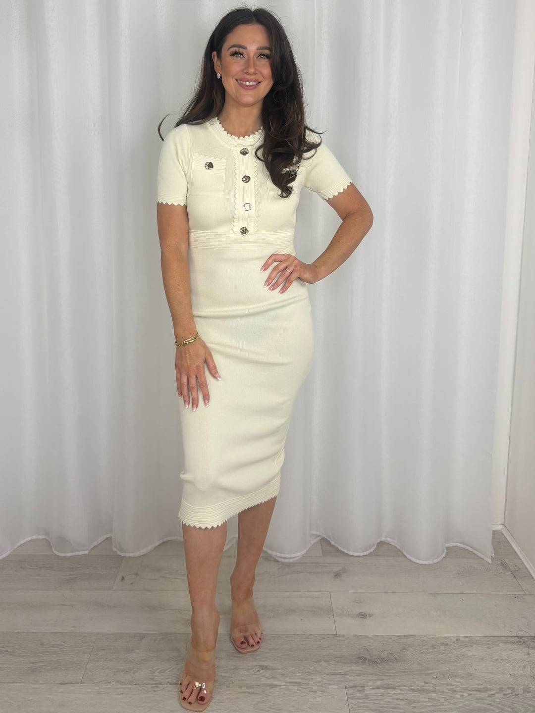 Zig Zag Trim Detail Gold Hammered Button Midi Dress (2 Colours)