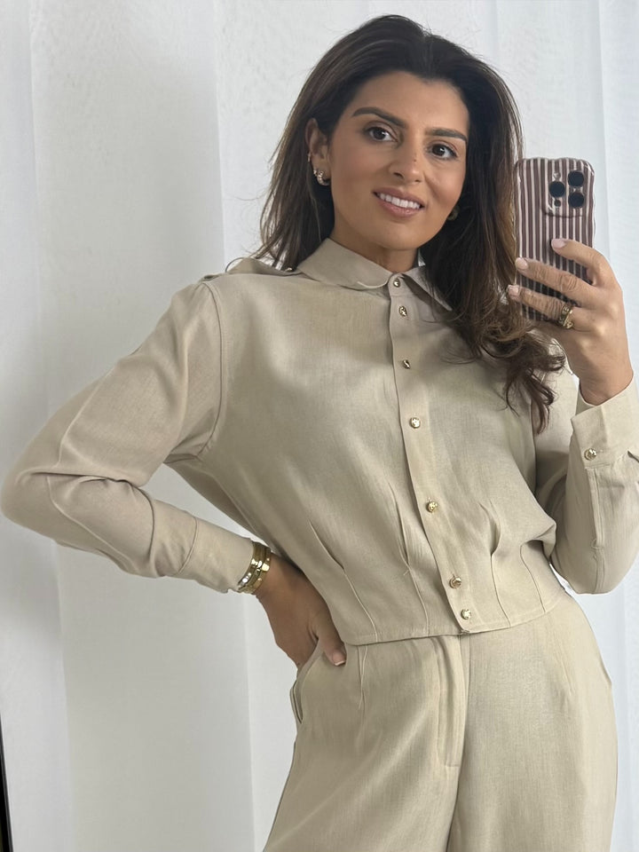 Lightweight Gold Button Collared Cinched Trouser Co-ord (2 Colours)