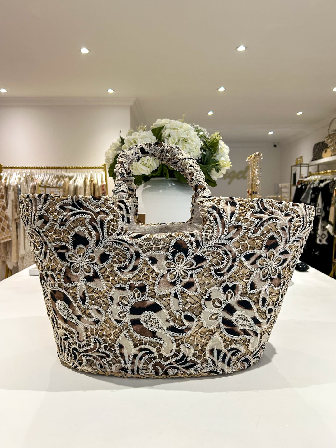 Leopard Flower Lace Detail Beach Bag