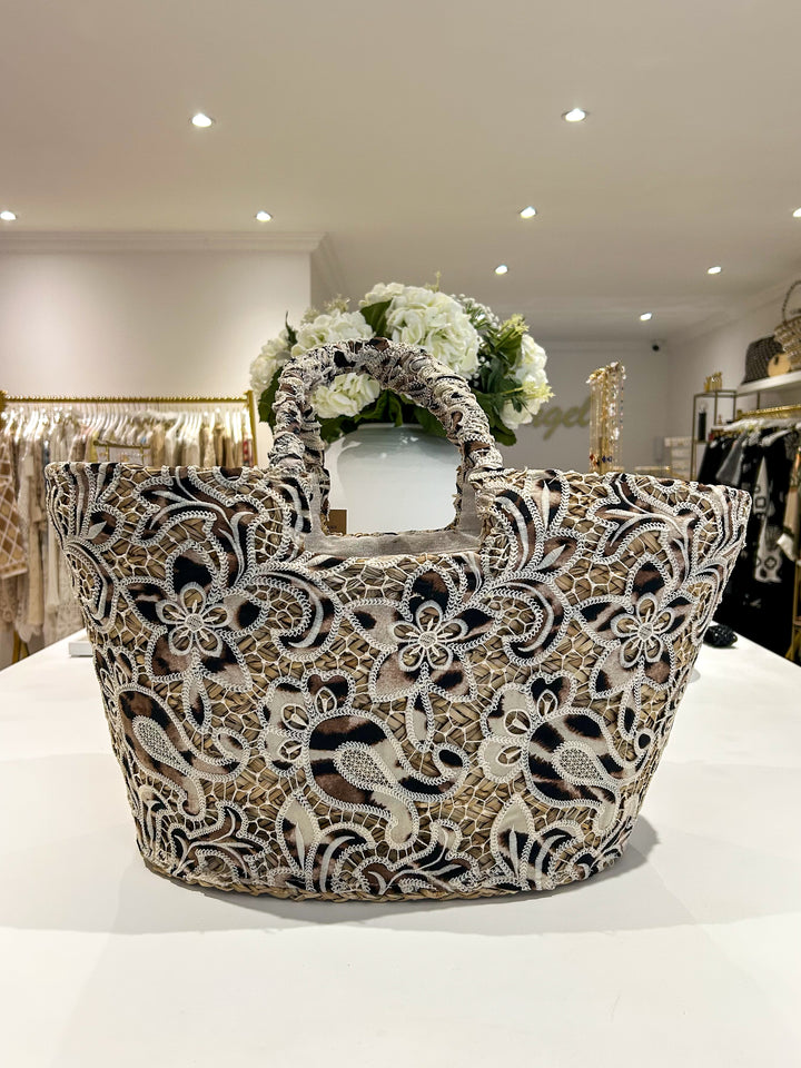 Leopard Flower Lace Detail Beach Bag