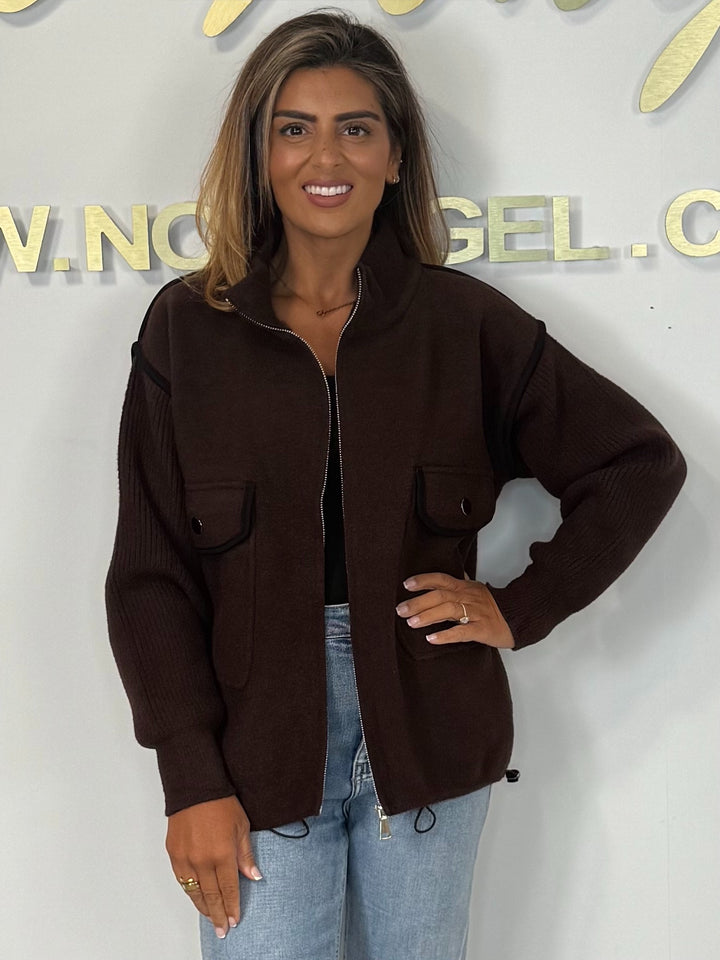 Thick Knit Pocket Detail Funnel Drawstring Bottom Jacket (2 Colours)