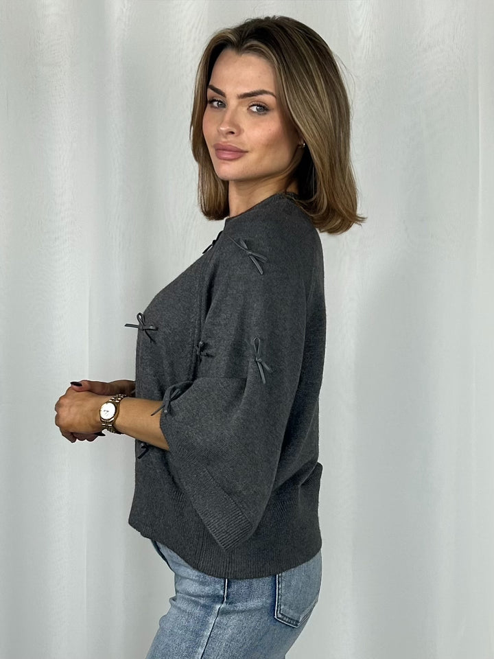 Grey Soft Knit Scattered Bow Detail Jumper