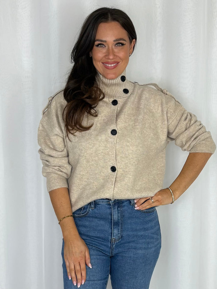 High Neck Button Detail Knit Cardigan (3 Colours)