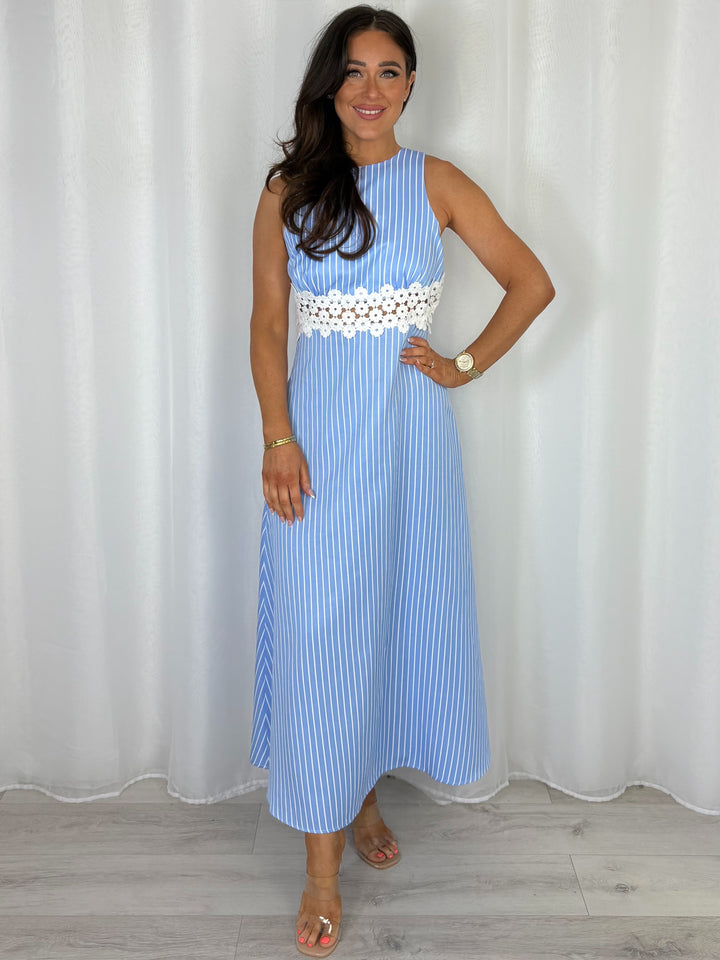 Pinstripe White Floral Crochet Detail Back Cut Out Dress