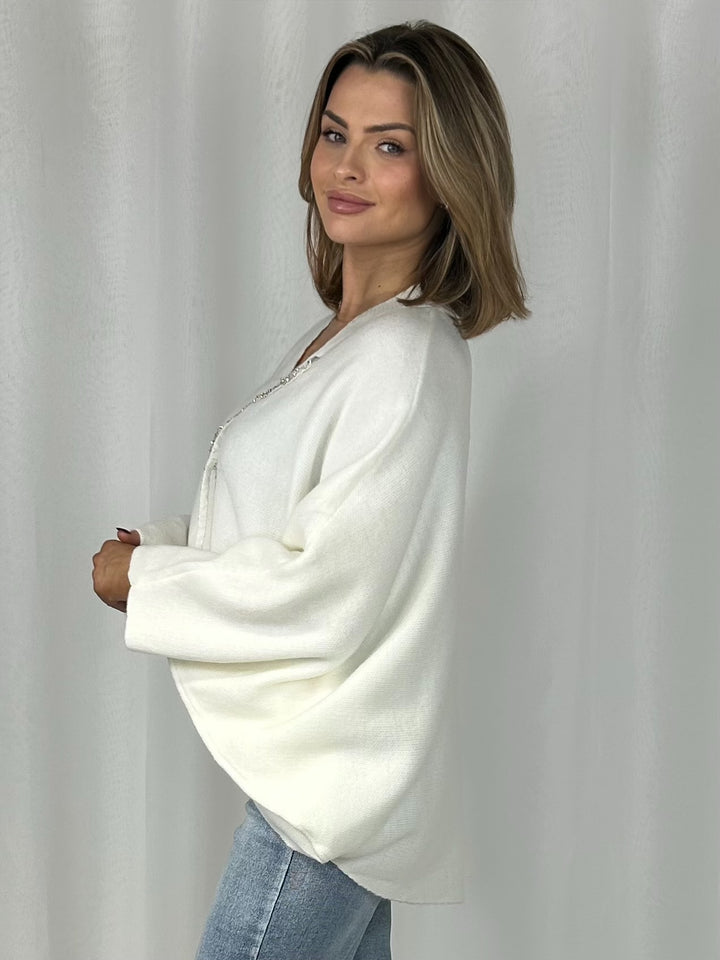 V-Neck Batwing Diamante Bow High Low Jumper (4 Colours)