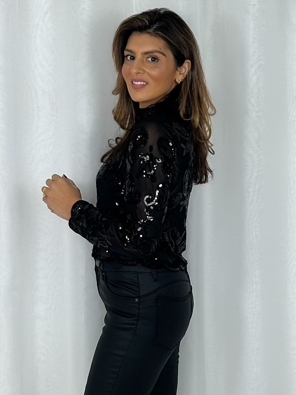 Sheer Jewelled Swirl Print High Neck Top (2 Colours)