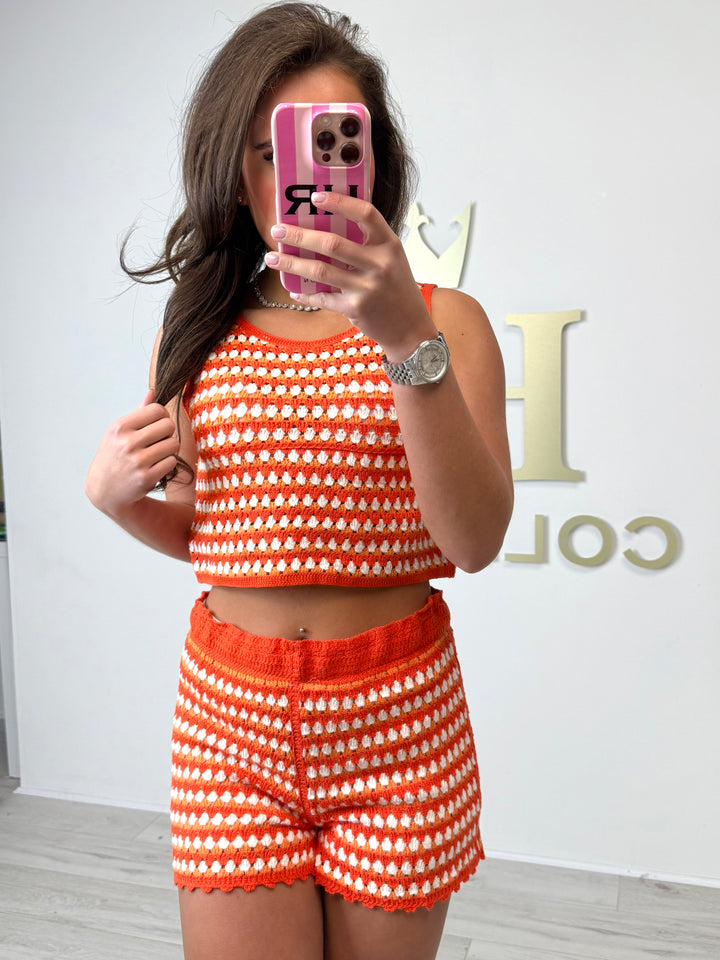 Orange/White Print Crochet Crop Top & Shorts Co-ord