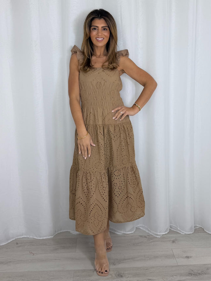 Taupe Laser Cut Out Frill Strap Midi Dress