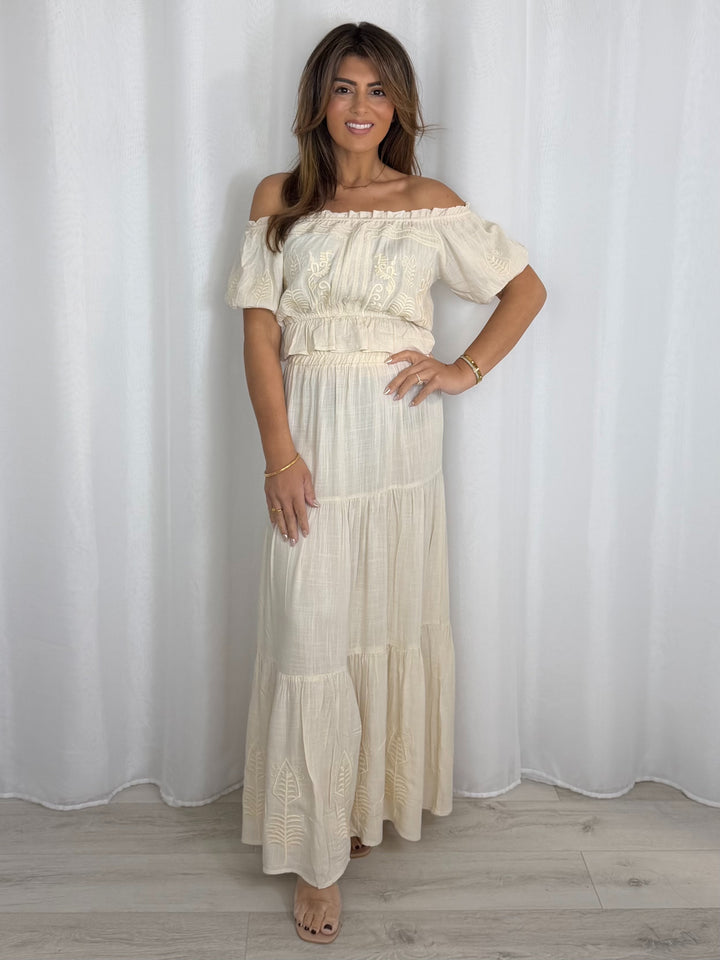 Embroidered Aztec Print Bardot Top & Maxi Skirt Co-Ord (2 Colours)