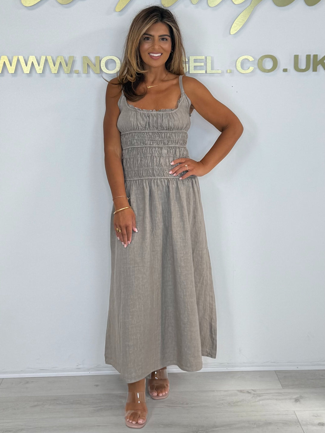 Linen Smocked Thin Strapped Side Split Maxi Dress (3 Colours)