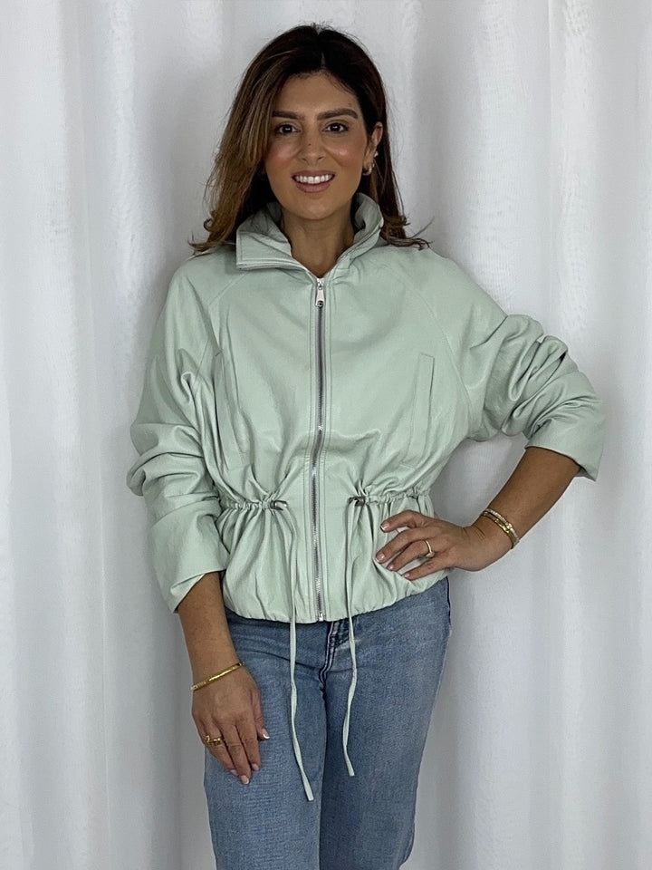 Faux Leather Drawstring Waist Zip Up Jacket (3 Colours)
