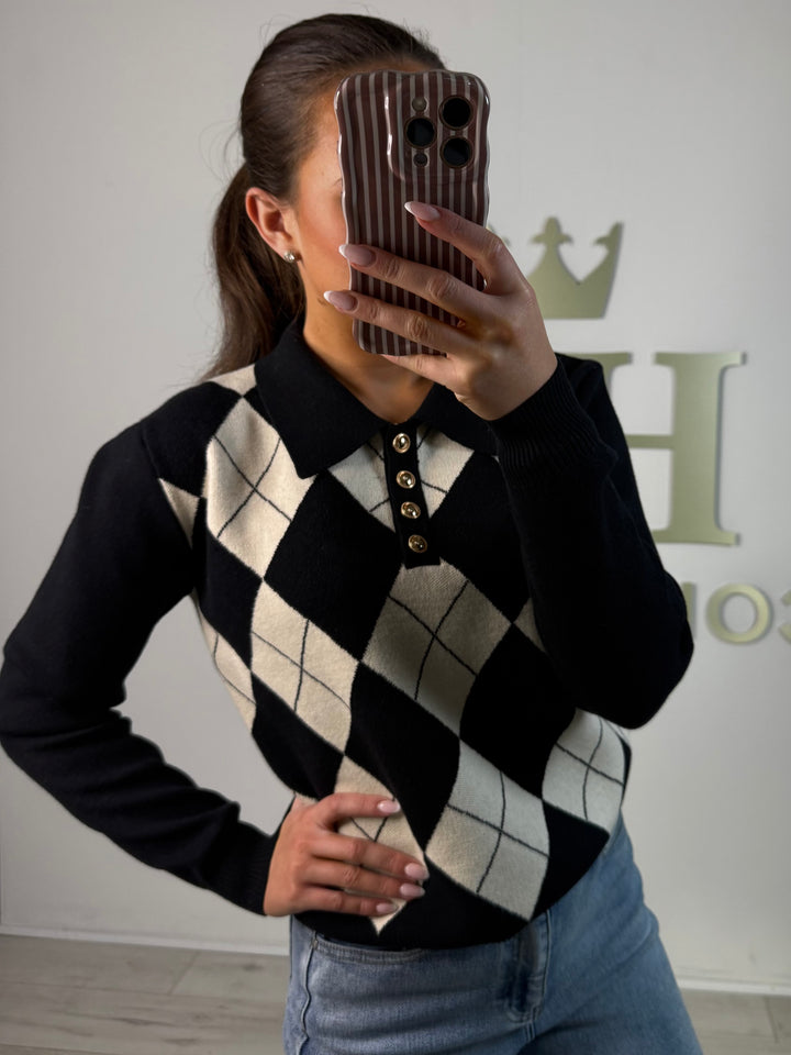 Black / Cream Diamond Collared Soft Knit Jumper