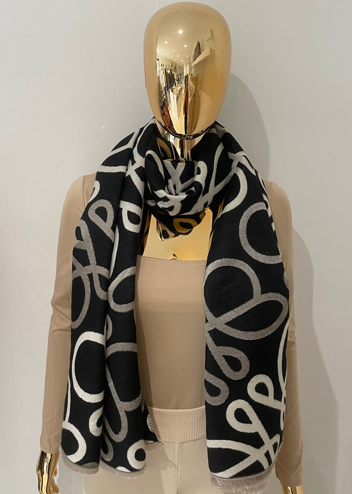 Reversible Grey/Black Swirl Detail Scarf