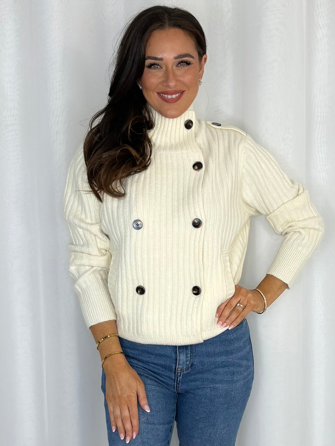 Ribbed Military Button High Neck Cardigan (3 Colours)