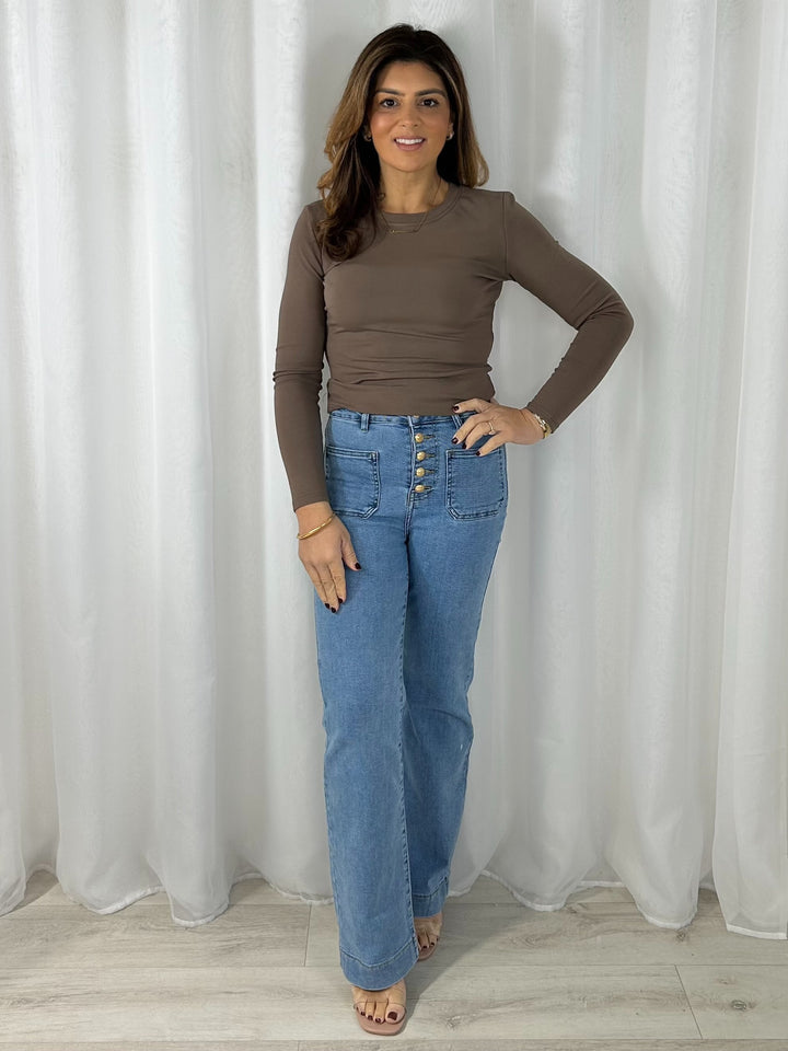 Light Denim Gold Button Pocket Straight Leg Jeans